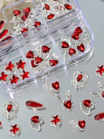 30Pcs Red Alloy Crystal Rhinestones Nail Charms Metal 3D Love Rabbit Stars Water Droplet Design Nails Crafts Art Decorations Accessories