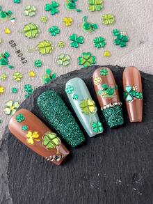 2pcs 5D Embossed Green Nail Art Stickers, Four-Leaf Clover & Love Bird Design, Sliding Style Nail Decals, Nail Art Supplies & Decorations - Multicolor - View 6