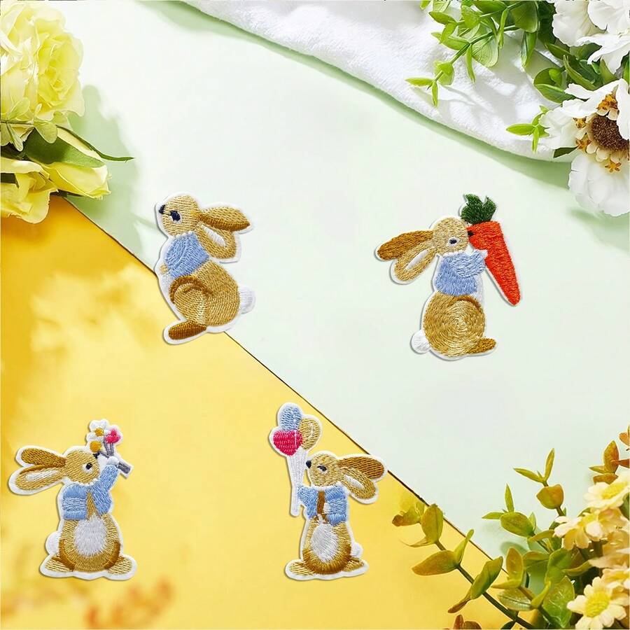 3/4 Pcs Easter Cute Bunny Embroidered Patches | Iron-On/Sew-On DIY Appliques For Clothes, Dresses, Bags, Hats, Jeans & Backpacks - Multicolor - View 1