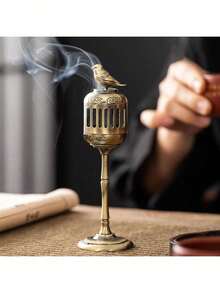 Gold Magpie Lantern Incense Burner, Vintage Style Tabletop Aromatherapy Decor, Incense Holder, Living Room Accessory, Metal Incense Burner, Home Temple Decoration, Aroma Therapy, Incense Stand, Incense Tower, Sandalwood Container, Tea Ceremony, Gift, Traditional Cultural Gift Gifts Birthday Graduation - Mocha Brown - View 2