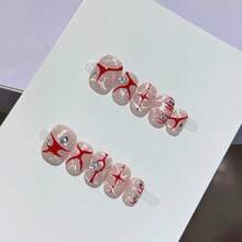 10Pcs False Nails Pink With Red Line Crystal Rhinestone Short Square Handmade Press On Nails For Halloween Party Photography - Multicolor - View 5