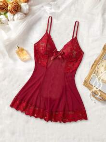 Sexy Lace Mesh Camisole Nightgown - Burgundy - View 3