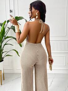 AIJ 女士优雅条纹印花露肩连体裤，金属装饰扣设计，适合通勤、商务和日常穿着，春夏款 - 淺杏色 - 查看 2