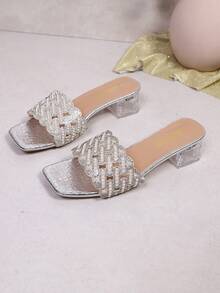 Women's Casual Chunky Heel High Heels, Solid Shiny Sequin Party Fashion Glamorous PU Leather Rhinestone Slip-On, Suitable For Holiday Party, Indoor & Outdoor, All Season - Silver - View 5