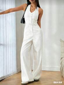 Women's Halter Striped Jumpsuit With Buttons, Wide Leg Tailored Pants, Jumpsuit With Buttons, Wide Leg Jumpsuit, Long Jumpsuit - 白色 - 查看 4