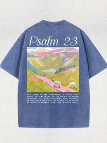 2026 New Arrival Summer Unisex "Psalm 23" Landscape Graphic T-Shirt, Vintage Washed Pink Crew Neck Short Sleeve Tee, Double-Sided Bible Verse Print Oversized Top For Christian Faith & Casual Outfits,Camiseta De Calle Para Mujer - 寶藍色 - 查看 2