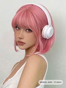 12英寸刘海假发，直发粉色刘海波波头假发套装，适合女性日常生活、派对、角色扮演、摄影等场合 - 粉色 - 查看 5