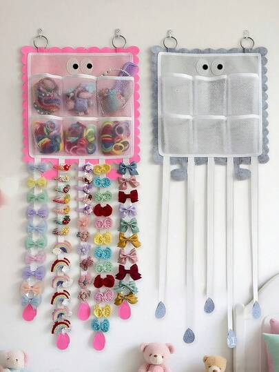 1 pieza Bolsa colgante de almacenamiento de accesorios para el cabello de niños con diseño de dibujos animados en rosa y gris, bolsa de almacenamiento colgante con diseño de dibujos animados de gran capacidad para clips y ligas para el cabello