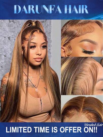 34 Inch 200% Density P4/27 Highlight Bone Straight 13x4 HD Lace Frontal Wigs Blended Human Blended Hair Brazilian Ombre Honey Blonde Colored Human Blended Hair Wig For Women Parties Travel Birthday Celebrations Cosplay Graduations Weddings Back To School Daily Life