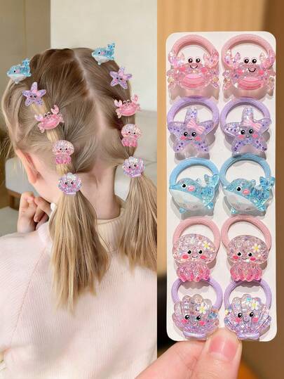 10个可爱女孩发圈，包含螃蟹、海星、鲸鱼、章鱼、贝壳和美人鱼等海洋元素，时尚百搭，是送给可爱女孩的完美礼物，适合海滩和休闲外出。