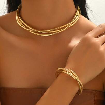2pcs/Set Chunky Jewelry Necklace & Bracelet Set, Fashion Minimalist Snake Bone Chain Choker Cuff Bracelet, Elegant Luxurious Punk Style Neck & Wrist Accessories For Daily Wear And Party