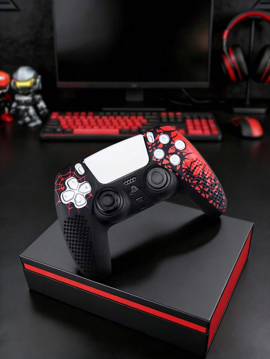 PlayStation 5 Controller Cover Set - Red Spider Web Design, Non-Slip Silicone Protective Case + Raised Thumbstick Caps, Sold Separately Or As A Set, Enhances Grip, Sweat-Proof, Dust-Proof, Scratch-Resistant, Improves Gaming Experience, Great Gift For PlayStation 5 Players, Christmas/New Year 2026 Gift, Holiday Promotion/Christmas Special Edition, Children/Family Gift, Year-End - Multicolor - View 1