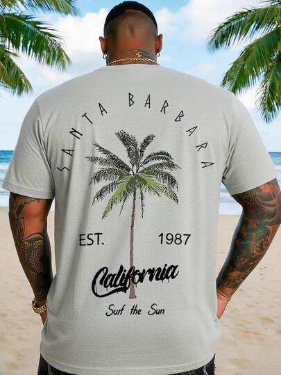 2025夏季新款男士椰子树字母印花圆领短袖休闲T恤