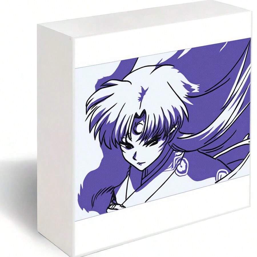 Decorative Wooden Box With Stylized Character Illustration - White Box Featuring Short Spiky White Hair Character With Purple Ornament On Forehead, Serious Expression, Flowing Purple Elements, Shades Of Purple And White With Black Outlines - Perfect For Collectible Storage Or Artistic Display - White - View 1