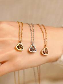 Customized Photo Projection Necklace, Heart-Shaped Projection Necklace With Photo Inside, "I Love You" Necklace, Can Be Customized In 100 Languages Stainless Steel Heart-Shaped Pendant Necklace Gift, Customized Christmas Gift, Customizable Projection Photo Jewelry, Heart-Shaped Photo Necklace Gift For Girlfriend - Multicolor - View 3