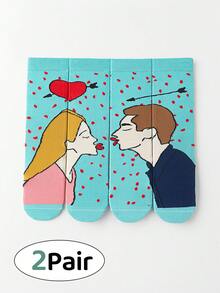 6 Pairs/4 Pairs/2 Pairs Unisex Blue Heart Kiss Pattern Mid-Calf Socks, Fashionable Combed Cotton Socks For Spring & Autumn - Multicolor - View 13