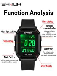 SANDA Fashion Men's Electronic Watch Multi-Function Square Dial Calendar Sports Luminous Waterproof Men's Digital Watches - Black - View 6