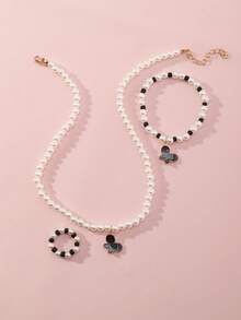3pcs/Set Fashionable Faux Pearl Beaded Butterfly Pendant Necklace, Ring, Bracelet Jewelry Set, Cute & For Teens - Multicolor - View 8