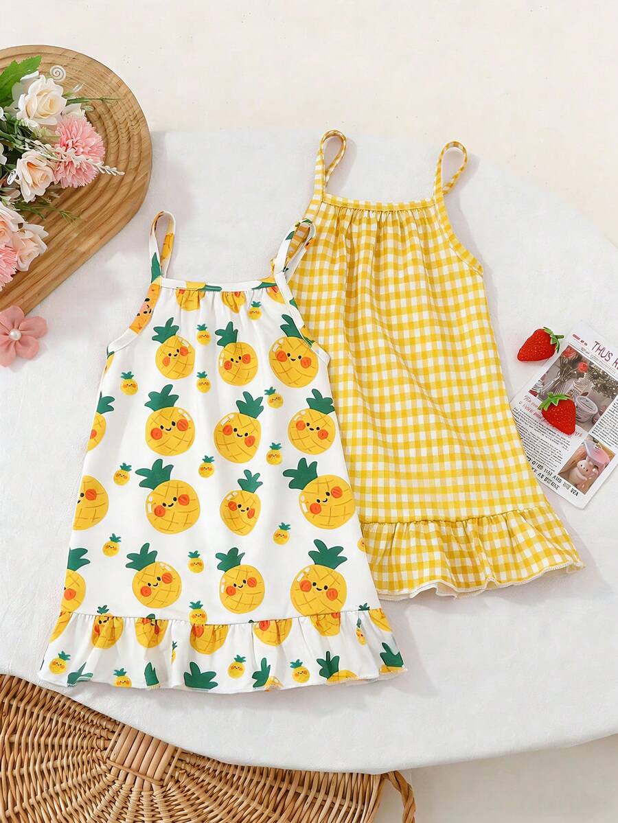 2pcs/Set Toddler Girl Fashionable Casual Red Plaid Cartoon Strawberry Print Sleeveless Dress Suitable For Party, Holiday, Leisure, Outing, Home Wear, Summer - Yellow - View 1