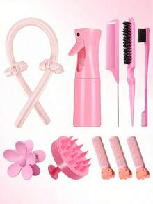 12件套卷发造型套装，包含免加热卷发棒和发圈，可打造柔和自然的卷发和波浪，轻松实现隔夜卷发，附赠连续喷雾瓶（6.8盎司/200毫升），适合成人和女孩使用。 - 彩色 - 查看 3