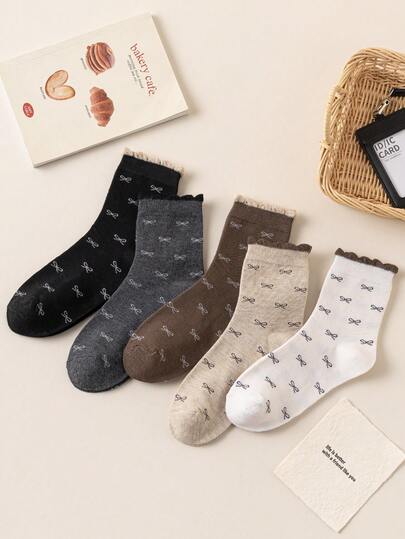 1/3/5/10 Pairs Of Women's Random Bow Solid Color Bubble Mouth Fashionable Mid Tube Socks, Soft, Comfortable, Breathable, Versatile, Cute And Casual In All Seasons, Suitable For Daily Outings And Gatherings