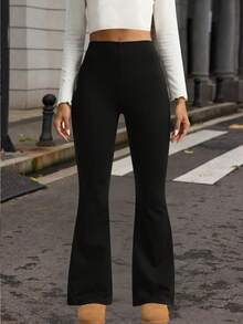 大码女式高腰纯色喇叭裤，运动瑜伽裤，压缩紧身裤，跑步健身裤，女士紧身裤，女装黑色冬季款 - 黑色 - 查看 2