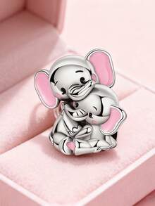 Silver Color Beaded Pendant, Cute Pink Enamel Elephant Design, Delicate Animal Shape, Handmade, Smooth Pink Enamel Elephant Bead Accessory - Silver - View 2