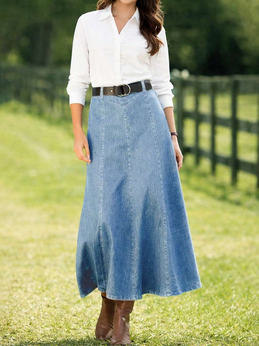 女式水洗深蓝色弹力牛仔迷你裙 - 淺色水洗藍 - 查看 1