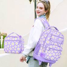 女孩带午餐盒的拉杆背包，防水带轮书包，适合大学生、青少年、儿童 - 黑色菊花