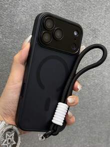 1pc Basic Matte Clear Magnetic Phone Case + Short Braded Hand Strap Compatible With IPhone 17 Pro Max 17 Pro Air 16 15 14 13 12 11 Pro Max Plus Transparent Wireless Charging. - Black - View 2