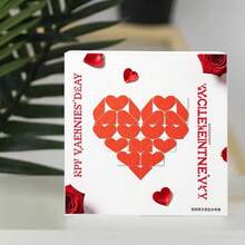 White Rectangular Decorative Wooden Box With Red Heart Pattern (Grid & Outline Hearts), Red Rose Petals & Partial Rose, Vertical Red Text 'KPI VALENTINES D&AY' & 'KYCLEMENTINE.VKY' - Festive Valentine's Day Romantic Decor Or Gift Box - White - View 3