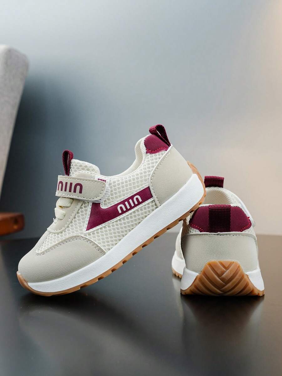 2026春季儿童酒红色网面运动鞋，男女童通用款魔术贴透气软底防滑休闲鞋 - 中紫紅色 - 查看 1