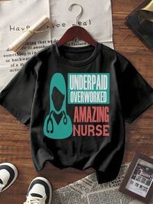 Women's Short Sleeve Nurse Graphic T-Shirt Crew Neck Casual Loose Fit Top With "Underpaid Overworked Amazing Nurse" Slogan Print Tee For Daily Streetwear Summer Outfits - 白色 - 查看 6
