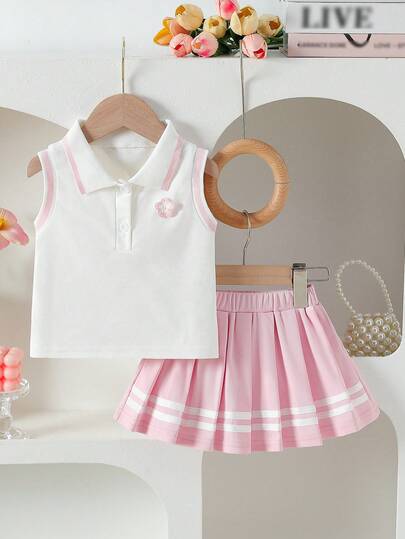 女婴可爱翻领无袖半拉链花卉织带上衣T恤搭配纯色百褶迷你裙两件套，粉色，时尚休闲装，适合情人节、上学、聚会、日常穿着，春夏皆宜。