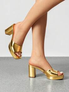 Women Minimalist Open Toe Heeled Mule Sandals Slip On, Thick Heel Casual High Heel Sandals For Outdoor Spring/Summer - Vàng - Xem 3