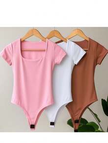 Set Of 3 Women's Bodysuits With Square Neckline, Short Sleeves, Spandex Fabric, Summer Fashion - 粉紅色/白色/棕色 - 查看 2