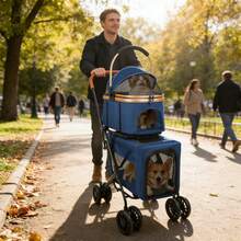 2-in-1-Klappbarer Kinderwagen für kleine Hunde und Katzen mit einer Tragkraft von 20 kg, mit abnehmbarem Netzfenster, 360°-Drehrollen und Aufbewahrungskorb - marineblau - Übersicht 4