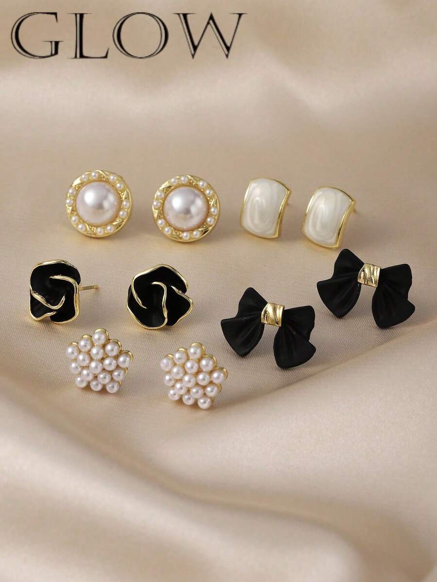 5对优雅奢华的法式复古几何、花卉、蝴蝶结和仿珍珠耳钉套装，适合少女日常和节日佩戴 - 幾何 - 查看 1