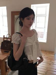 女士小巧蝴蝶结荷叶边泡泡袖短款上衣，韩版可爱小众风白色夏季 - 白色 - 查看 5