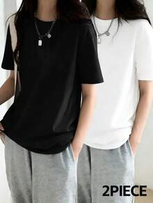 2件套女士休闲宽松圆领短袖T恤，百搭纯色，春夏款 - 黑+白 - 查看 6