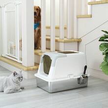 PawHut Katzenklo Edelstahl mit Deckel Katzentoilette mit Haube Schaufel Deodorierungsbeutel Doppelgänge Katzentoilette für Katzen bis 7 kg 60,4 x 40,4 x 41,8 cm Weiß - Einheitsgröße - Übersicht 9