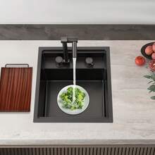 Hidden Kitchen Sink Single Bowl Folding Faucet W/ Drain Assembly Stainless Steel - Black - View 7