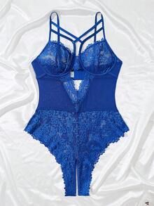 大码女式撞色蕾丝镂空性感吊带背心 - 藍色 - 查看 3