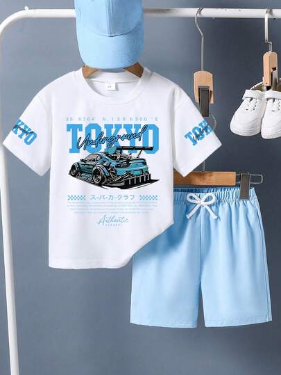 2件套男童字母和赛车印花圆领短袖休闲T恤和短裤套装