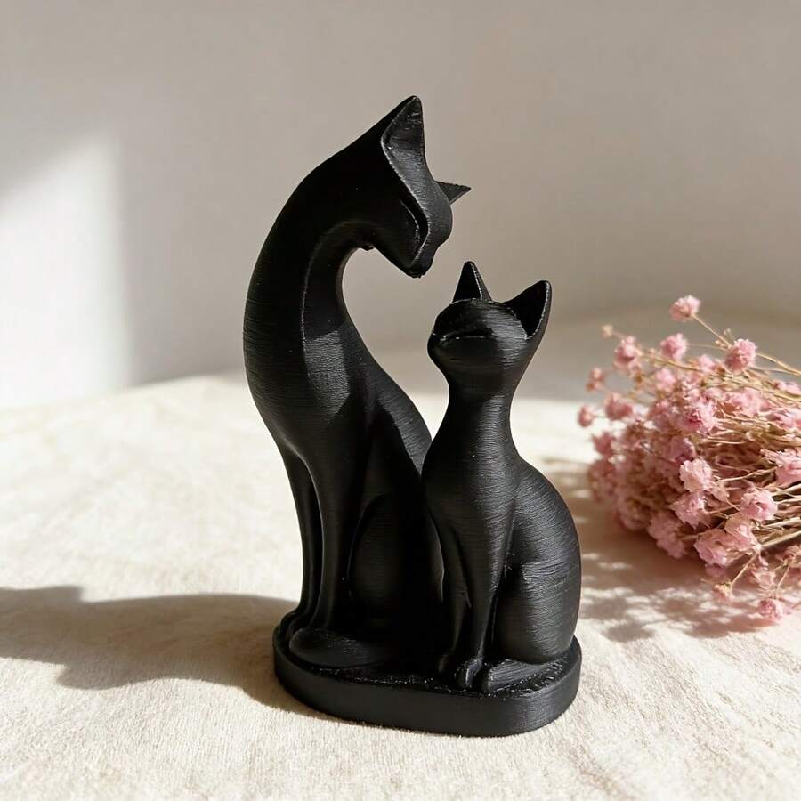 1件母子猫雕像，可爱猫咪情侣雕塑，家居装饰，适合摆放在办公桌、书架、室内/室外，情人节礼物 - 彩色 - 查看 1