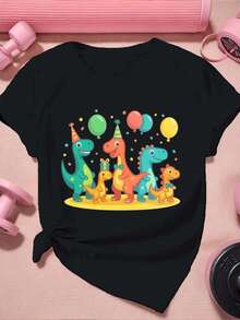 Women's Dinosaur Print T-Shirt Autumn High-Quality Fabric Round Neck Loose Fit Comfortable Casual New Arrival - Black - View 2