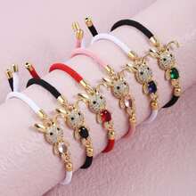 时尚奢华镶嵌全锆可爱小兔推拉式可调节手工编织手链，女士宴会首饰 - 金色 - 查看 1