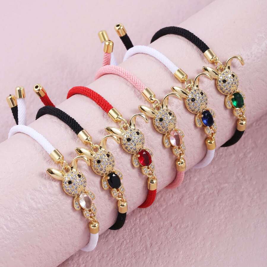 时尚奢华镶嵌全锆可爱小兔推拉式可调节手工编织手链，女士宴会首饰 - 金色 - 查看 1