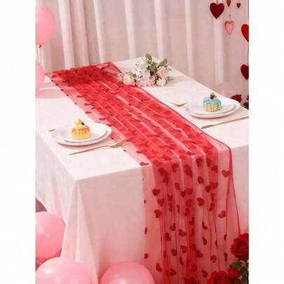 1pc Red Heart-Shaped Mesh Table Runner, Romantic Heart Design Wedding Table Decor, Transparent Heart Pattern Party Table Runner, Decorative Fabric Suitable For Wedding, Birthday, Anniversary, Bridal Shower, Valentine's Day And Other Occasions