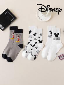 3/6/1 Pair Official Disney Women Socks, Embroidered Cute Mickey Mouse Family, Cartoon Character Embroidery Mid-Calf Socks, Unisex Novelty Socks, Suitable For Any Occasion, High-Quality Gift Socks